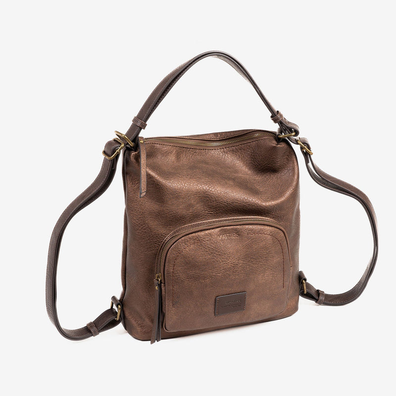 BOLSO DE HOMBRO CONVERTIBLE EN MOCHILA, COLOR BRONCE, SERIE OLMO. 29.5x30x10 cm