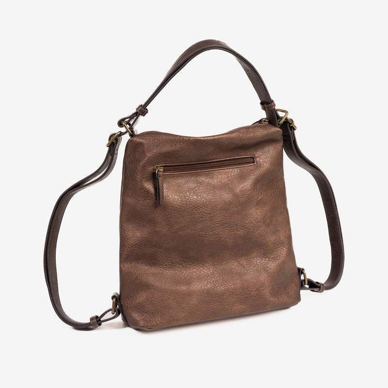 BOLSO DE HOMBRO CONVERTIBLE EN MOCHILA, COLOR BRONCE, SERIE OLMO. 29.5x30x10 cm