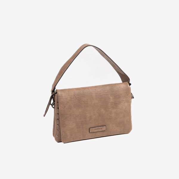 BOLSO DE HOMBRO CON BANDOLERA, COLOR TAUPE, SERIE ALAMO. 28x17x07 cm