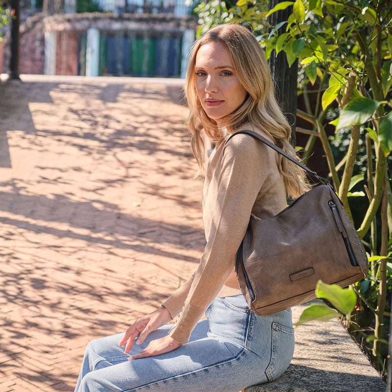 SHOULDER BAG WITH CROSSBODY BAG, TAUPE COLOR, ALAMO SERIES. 30x23x11cm