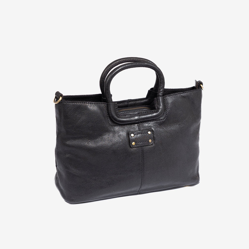 WOMEN'S HAND BAG WITH SHOULDER STRAP, BLACK COLOR, WASHED LEATHER SERIES. 30x19x9.5cm