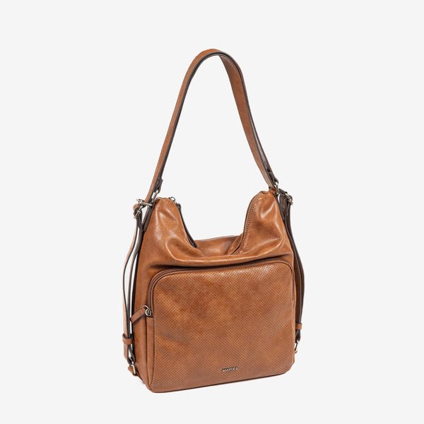 CONVERTIBLE SHOULDER BAG INTO BACKPACK, LEATHER COLOR, ALMERIA SERIES. 25x30x10.5 CM