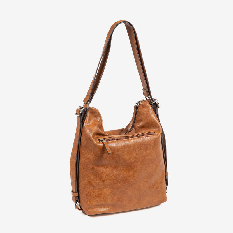 CONVERTIBLE SHOULDER BAG INTO BACKPACK, LEATHER COLOR, ALMERIA SERIES. 25x30x10.5 CM