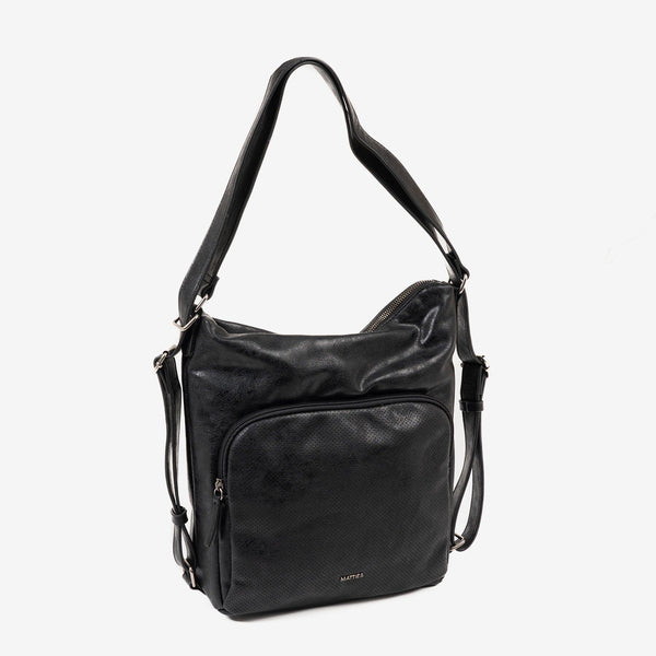 BOLSO DE HOMBRO CONVERTIBLE EN MOCHILA, COLOR NEGRO, SERIE ALMERIA. 25x30x10.5 CM