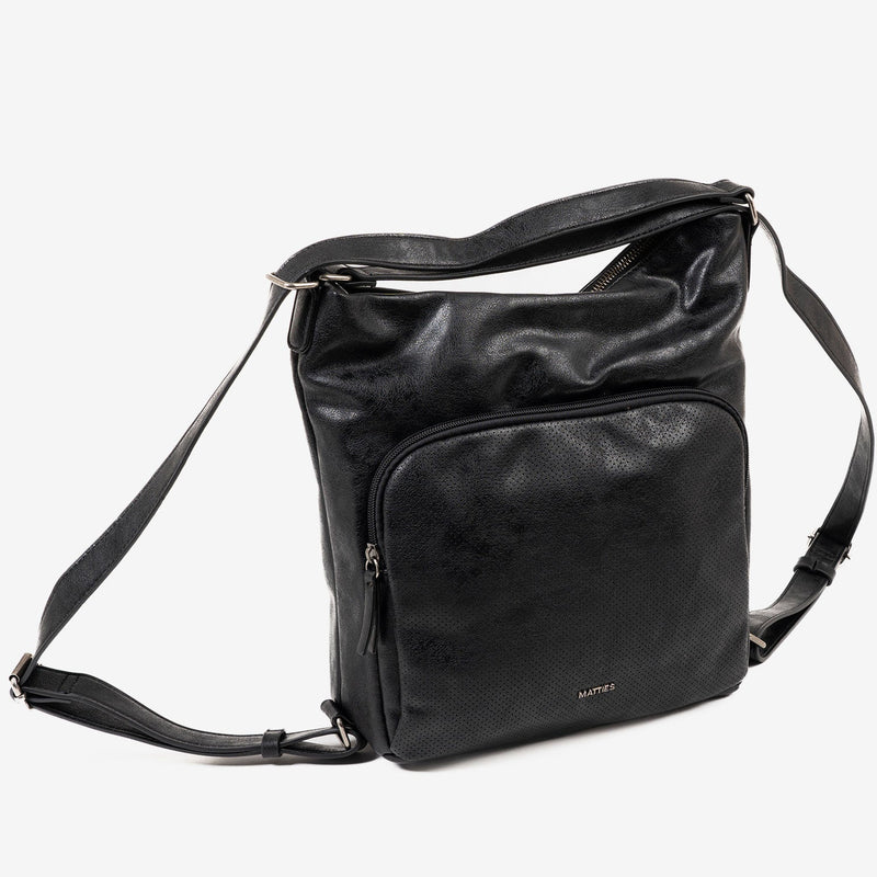 CONVERTIBLE SHOULDER BAG INTO BACKPACK, BLACK COLOR, ALMERIA SERIES. 25x30x10.5 CM