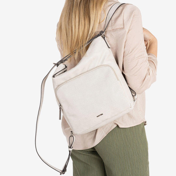 BOLSO DE HOMBRO CONVERTIBLE EN MOCHILA, COLOR BEIG, SERIE ALMERIA. 25x30x10.5 CM