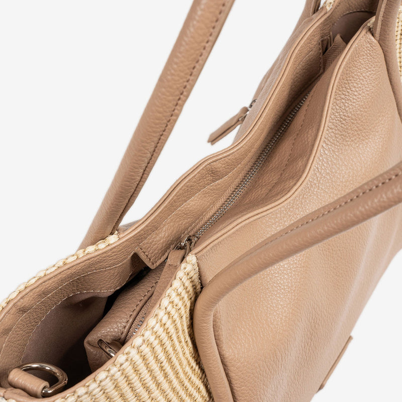 SHOULDER BAG WITH CROSSBODY STRAP, CAMEL COLOR, NIJAR SERIES. 31x25x13.5 CM