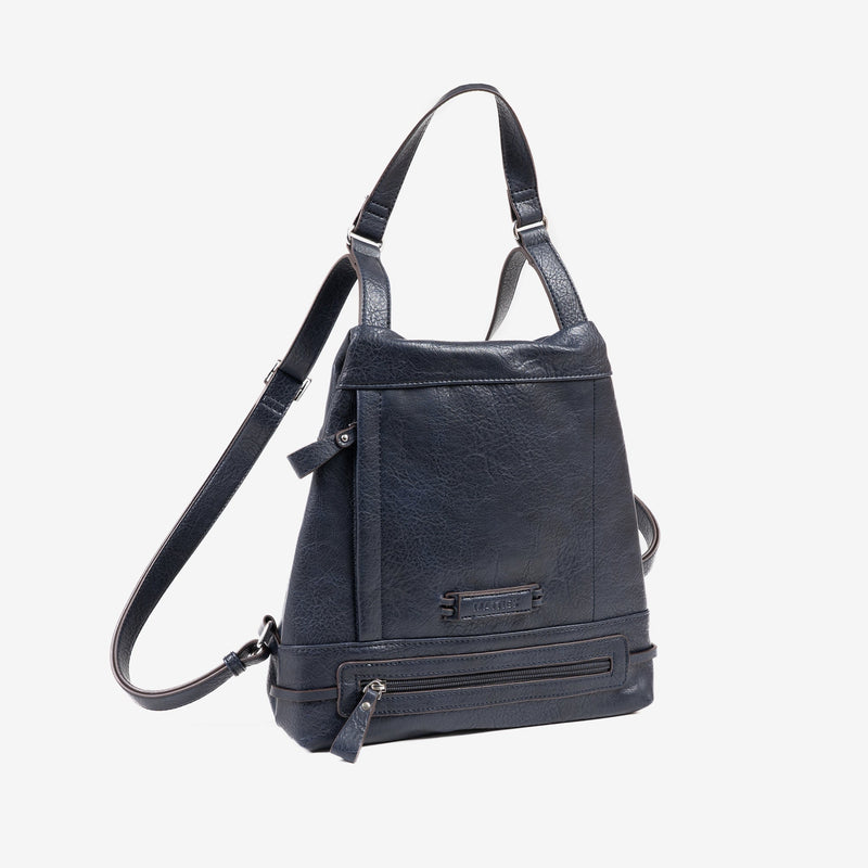 Mochila color azul, para mujer. Foto de frente.