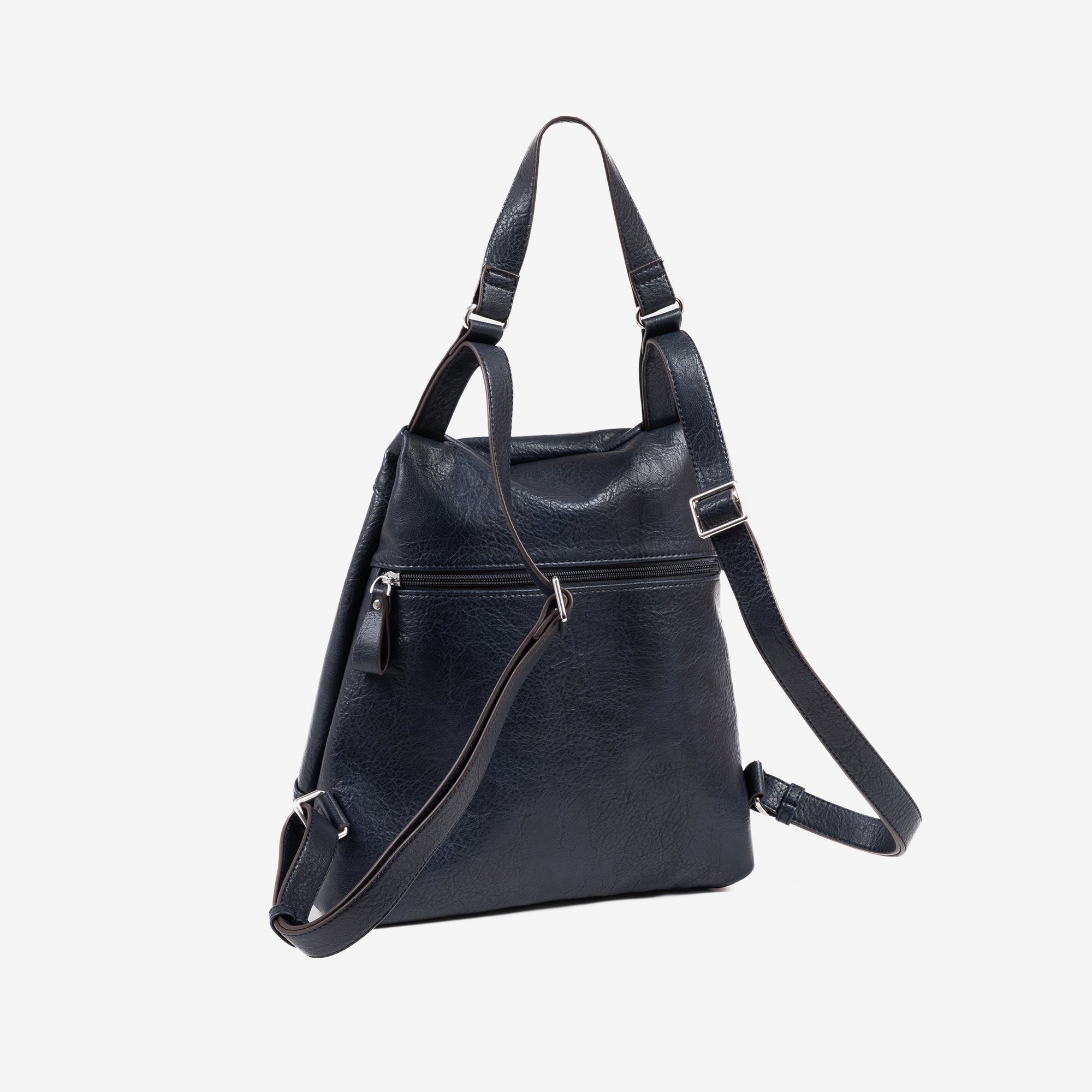 Foto por detrás de la mochila azul. Para mujer. Bolsillo principal en la parte de detrás.