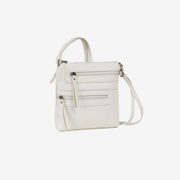 Bandolera pequeña para mujer, color blanco, Serie minibags esmeralda. 20x21x05 cm