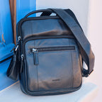 Men's crossbody bag, black color, Pioneer Leather Series. 19x24 cm