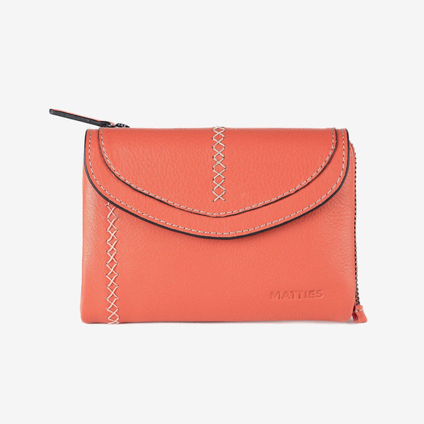 Billetero de piel para mujer, color rosa, Serie stitch leather. 13.5x9.5 cm - Matties Bags
