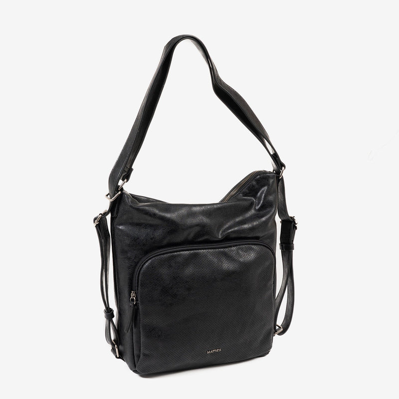 BOLSO DE HOMBRO CONVERTIBLE EN MOCHILA, COLOR NEGRO, SERIE ALMERIA. 25x30x10.5 CM - Matties Bags