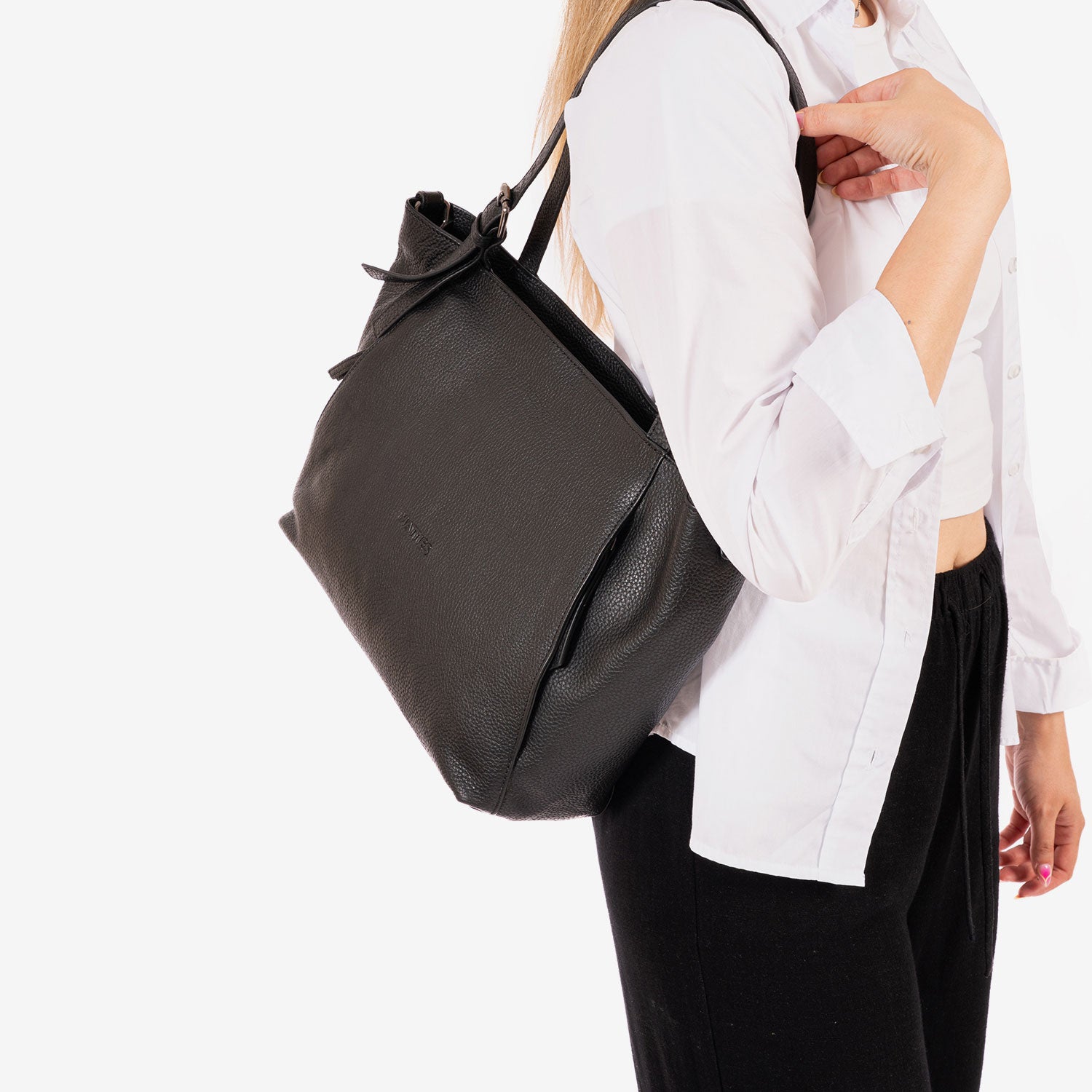 Bolso shopper cerrado con cremallera, color negro, Serie floater/leather. 33x27.5x10 cm - Matties Bags