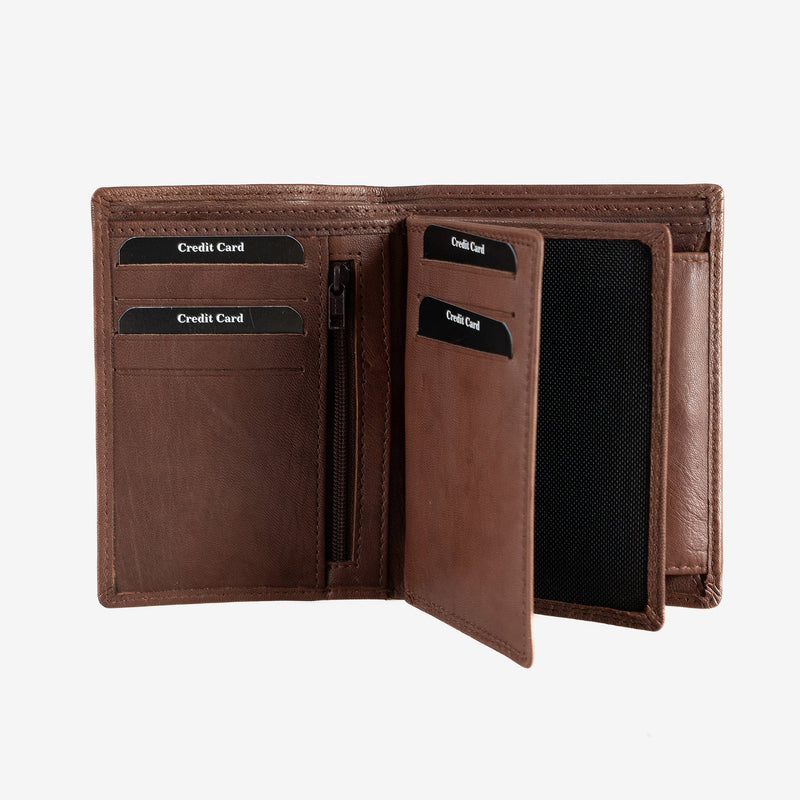Natural leather wallet for men, brown, ANTIC-NAPPA/LEATHER Series. DIMENSIONS:9.5x12.5 cm