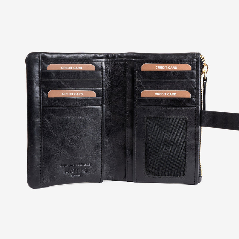 Leather wallet, black color, vegetable leather collection. 10x15 cm