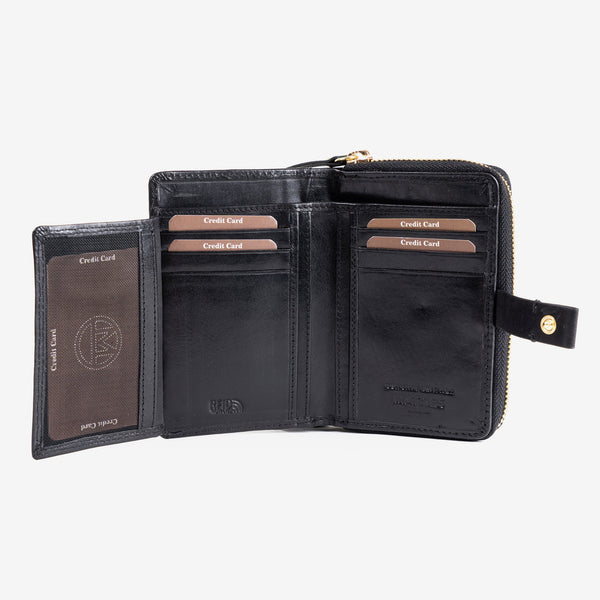 Leather wallet, black color, vegetable leather collection. 8.5x13 cm