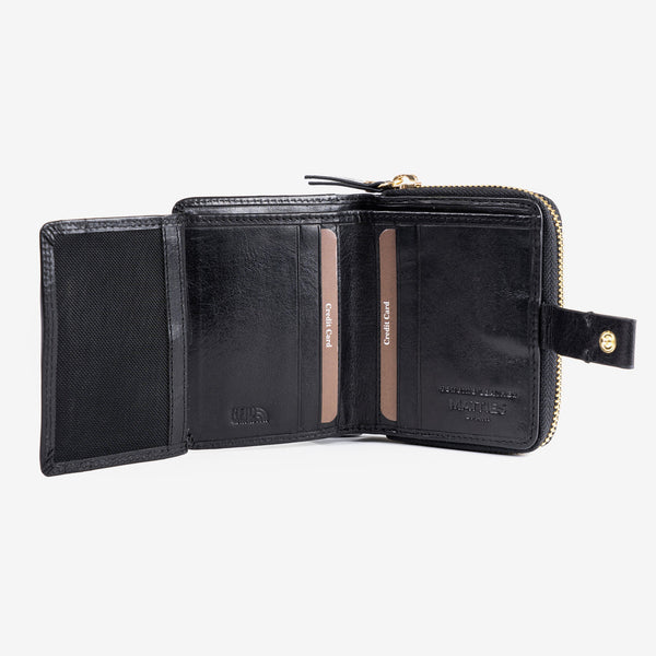 Leather wallet, black color, vegetable leather collection. 9x10.5 cm