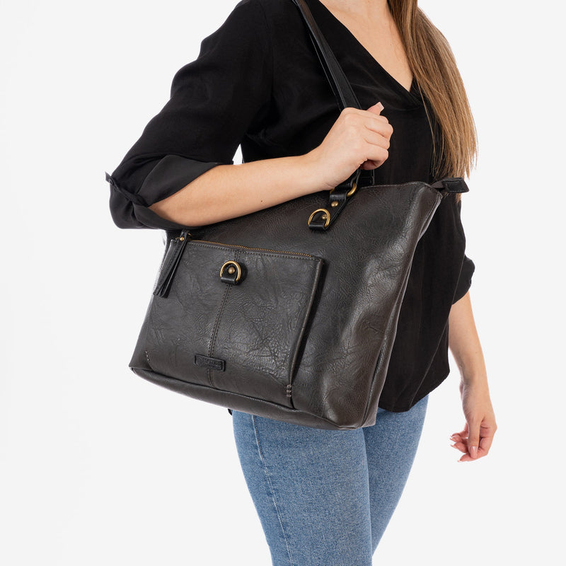 Bolso shopper con cremallera, color negro, Serie Gaviria. 33x29x13 cm