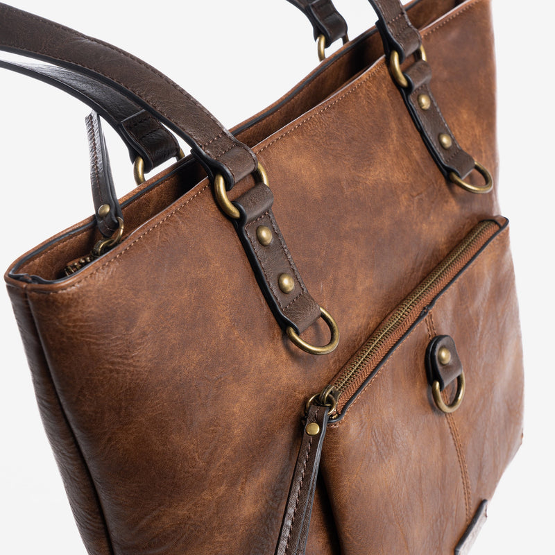 Bolso shopper con cremallera, color marrón, Serie Gaviria. 33x29x13 cm