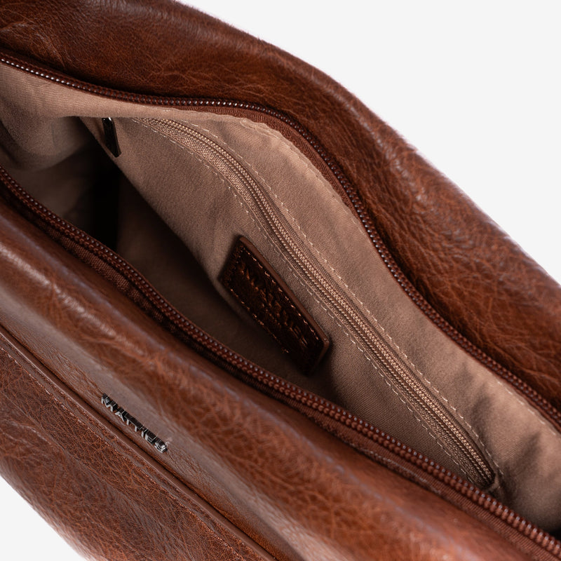 Bolso bandolera, color marrón, Serie Lunda. 32x22x15 cm