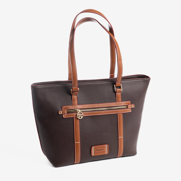 Bolso shopper con cremallera, color marrón, Serie Rose. 24x29x16 cm