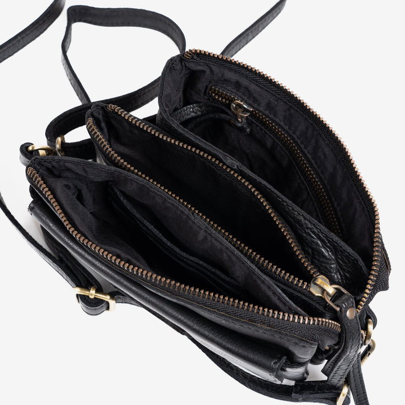 BOLSO PIEL LAVADA PARA MUJER, COLOR NEGRO. 18x11.5x04 CM