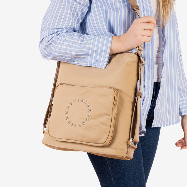 Shoulder bag convertible into a backpack, camel color, Deia Series. 30x32x10cm