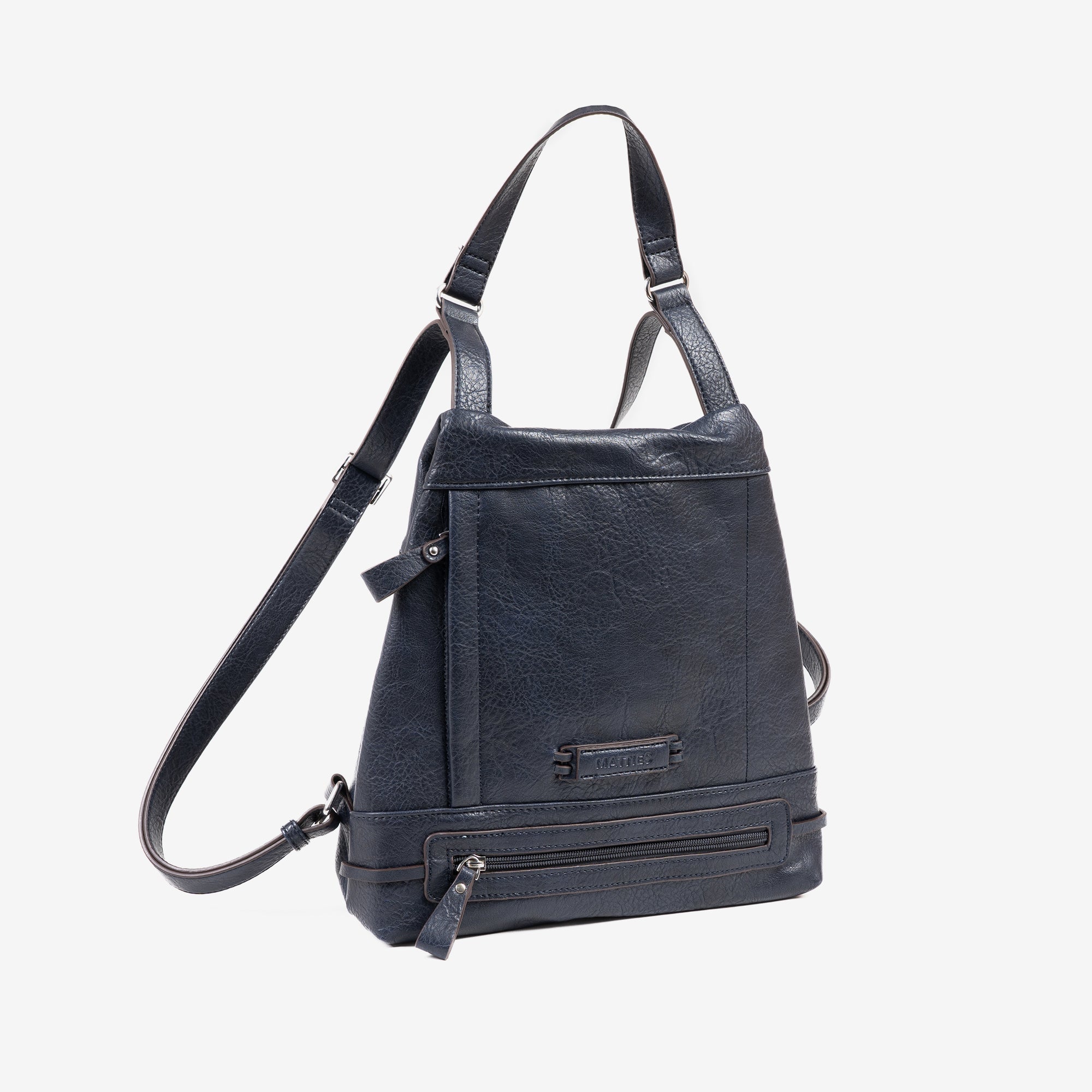 Mochila color azul, para mujer. Foto de frente.