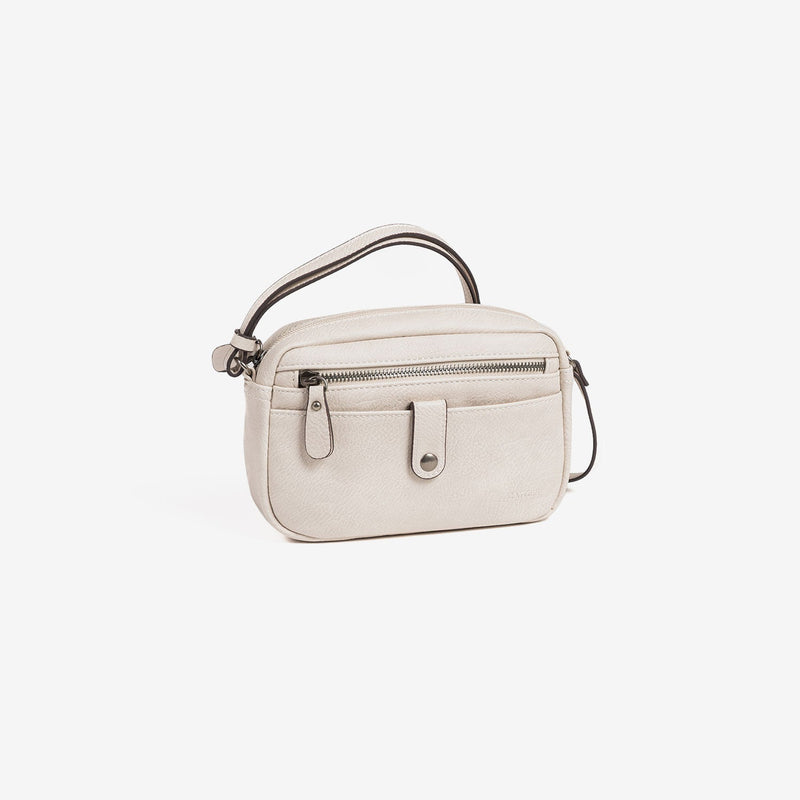 Bandolera pequeña para mujer, color beig, Serie minibags esmeralda. 21x14x05 cm