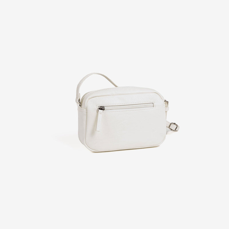 Bandolera pequeña para mujer, color blanco, Serie minibags esmeralda. 21x14x05 cm