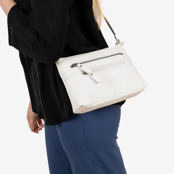 Bandolera pequeña para mujer, color blanco, Serie minibags esmeralda. 25.5x16x06 cm