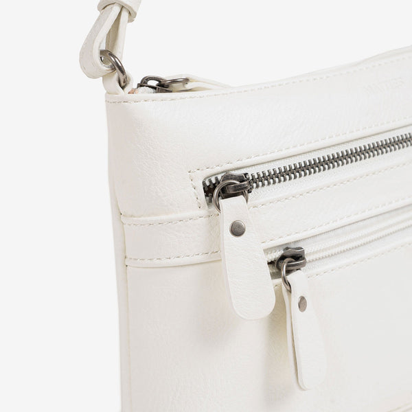 Bandolera pequeña para mujer, color blanco, Serie minibags esmeralda. 25.5x16x06 cm