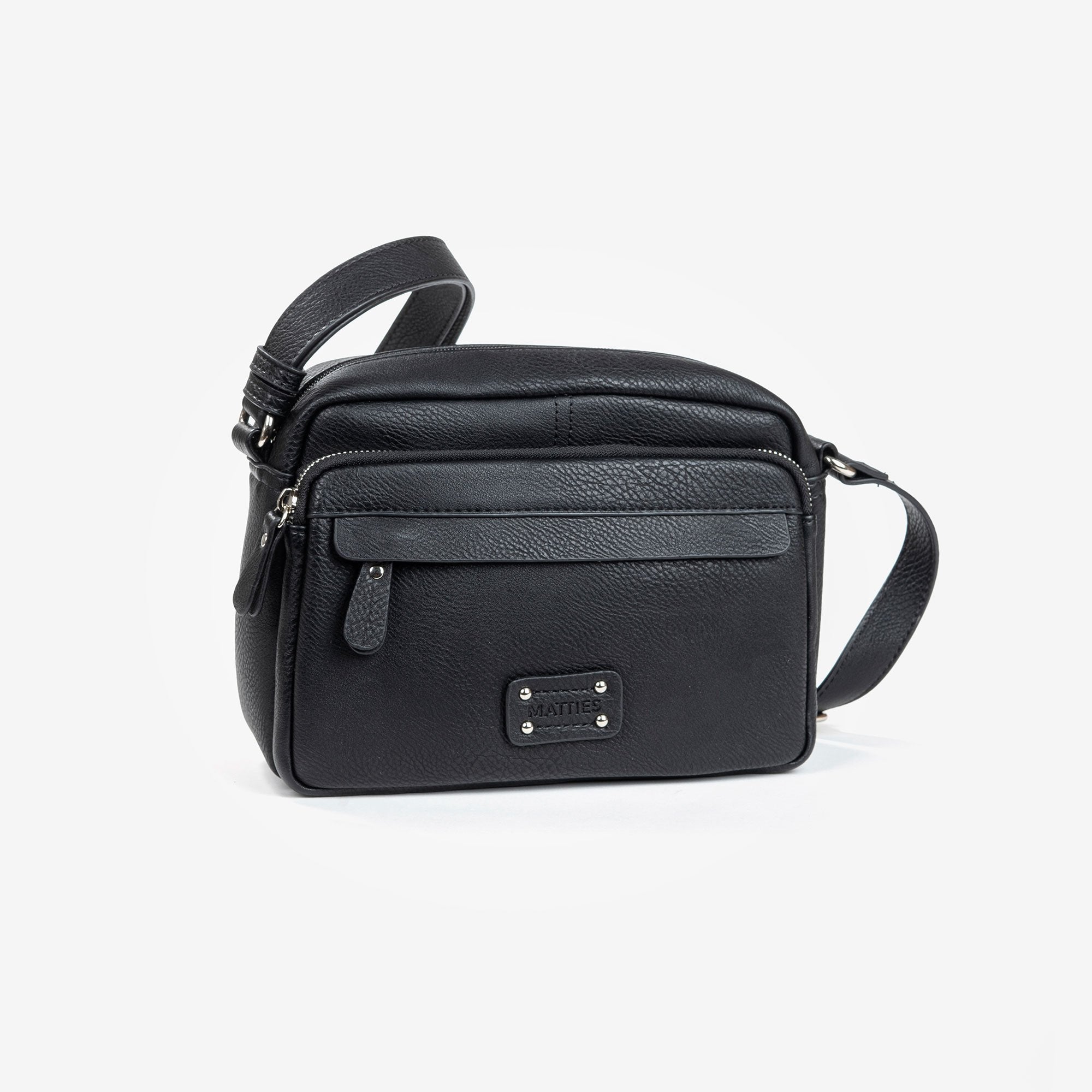 Bolso bandolera, color negro-v, Serie Clásicos. 24x17x10 cm